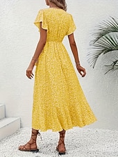 זול שמלות פרחוניות יומיומיות-בגדי ריקוד נשים שמלת מידי שמלת קז'ואל שמלת מעטפת שמלה פרחונית אלגנטית אופנתי מודרני בָּחוּץ חופשה ליציאה רגיל פרחוני שרוולים קצרים צווארון V שחור צהוב ורוד מסמיק אודם קיץ אביב