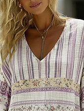  Γυναικεία Πουκάμισο Μπόχο πουκάμισο Λινό από ψεύτικο βαμβάκι Στάμπα Φλοράλ Λαχούρι Βοημία Βίντατζ Κλασσικό Μακρυμάνικο Λαιμόκοψη V Κανονικά μπλουζάκια Καθημερινά Αργίες Εξόδου Βυσσινί