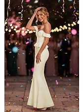 economico Piccole vestiti bianchi-Sirena Tromba Tubino Colonna Lunghezza al pavimento Abito Bianco Piccolo vestito bianco Da principessa Elegante Schiena Scoperta Senza Maniche Senza Spalle Matrimonio Formale Crepe Elasticizzato