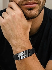 cheap Men's Jewelry-Men's Adjustable Alphabet Bracelet with Stainless Steel Flag Plate, Polyester Elastic Band, 26 Initial Letters, Patriotic Wristband for US 250th Anniversary &amp; Independence Day