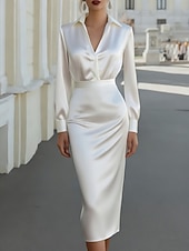 voordelige Eenvoudige jurk-Dames Halflange jurk Satijnen Jurk Werk Jurk Elegant Modieus Modern Buiten Vakantie Uitgaan Normale pasvorm Effen Lange mouw Overhemdkraag Wit Zomer Lente
