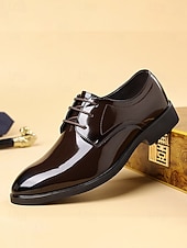 abordables Zapatos Derby-Zapatos de vestir de charol marrón brillante para hombre, elegantes zapatos formales para bodas, ideales para novios, padrinos de boda e invitados a la boda, cómodos y elegantes para ocasiones formales de boda.