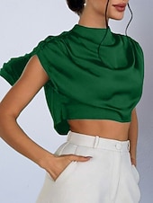 preiswerte Schicke Blusen-Damen Hemd Satinhemd Bluse Wickel-Crop-Top Gerafft Einfach Vintage Stilvoll Klassisch Kurzarm Hoher Ausschnitt Crop Tops Täglich Ferien Ausgehen Schwarz Weiß Marineblau Braun Grün Frühling Herbst