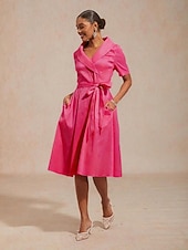 abordables Vestido Sencillo-Mujer Mini vestido Vestido de una línea Vestido ajustado Elegante Invitado a la boda Fiesta de Cóctel corbata frontal Ajuste regular Color sólido Manga Corta Escote en Pico Fucsia