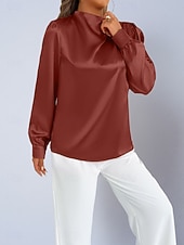 voordelige Chique Blouses-Dames Overhemd Satijnen overhemd Normaal shirt Met ruches Effen Stijlvol Basic Klassiek Lange mouw Hoge nek Normale tops Dagelijks Feestdagen Uitgaan Zwart Wit Wijn Rood Lente Herfst