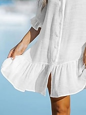 お買い得  ホワイトカジュアルドレス-女性用 ミニドレス サンドレス 白いドレス ファッション 近代の アウトドア ビーチ バケーション ルーズフィット 平織り 長袖 Ｖネック ブラック ホワイト カーキ色 夏 春 秋