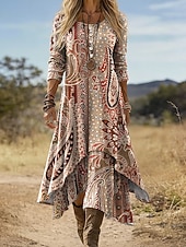 baratos Vestido Boho-Vestido Midi Feminino Boho Vestido Shift Casual Diário Férias Ajuste Solto Gráfico Geométrico Paisley Manga Longa Decote Redondo Amarelo Claro Verde Claro Fúcsia Marrom Verão Primavera Outono