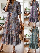 cheap Vacation Boho Dress-Women's Midi Dress Floral Dress Print Dress Fashion Modern Outdoor Vacation Going out Loose Fit Floral Half Sleeve V Neck Teal Red Purple Summer Spring