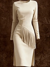 preiswerte Western Boho Kleid-Damen Midikleid Langes Kleid Maxikleid Vintage-Kleid Kleid aus Wildlederimitat Vintage Mode Täglich Outdoor Urlaub Normale Passform Einfach Langarm Rundhalsausschnitt Schwarz Braun Aprikose Sommer