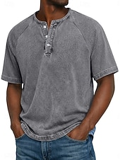 tanie Casualowa koszulka Henley-Męskie Koszulki Henley Top Koszulka bawełniana Wyprana koszula Krótki rękaw Jednokolorowe Równina Jeden kolor Zabytkowe Zakłopotany Zapiąć Wyblakły Gładkie Henley Codzienny Na zewnątrz Lato Wiosna Na