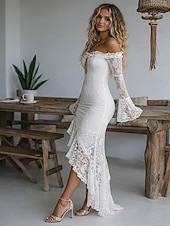 economico Vestito Semplice-Per donna Abito maxi Tubino Elegante Festa cocktail All'aperto Feste Matrimonio Pizzo Volant Patchwork Vestibilità regolare Tinta unica Manica Lunga Senza Spalle Nero Bianco Rosso