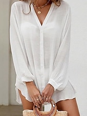 olcso Strand ruhák-Női Mini ruha Fehér ruha Strandruha Fekete ruha Elegáns Divat Klasszikus Napi Szabadtéri Tengerpart Laza öltözet Sima Hosszú ujj V-alakú Fekete Fehér Nyár Tavasz