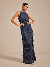  Women's Maxi Dress Sheath Dress Elegant Evening Party Wedding Guest Sequins Ruffle Glitter Regular Fit Solid Color Sleeveless Crew Neck Navy Blue