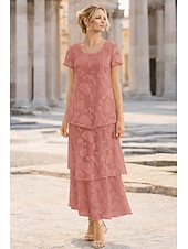 preiswerte Knöchellänge-A-Linie Knöchellänge Chiffonkleid Brautmutterkleid Kurzarm Rundhalsausschnitt Rundausschnitt Elegant Vintage Formell Hochzeitsgast Hochzeitsfeier Chiffon Jacquard mit Schleife(n) Blume