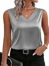 preiswerte Schicke Blusen-Damen Elegant Satin-Top T Shirt Seiden-Oberteile Patchwork Einfarbig Elegant Vintage Mode Ärmellos V Ausschnitt Normale Oberteile Täglich Ausgehen Wochenende Blau Silber Weiß Rote Purpur Sommer