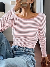 economico T-shirt a righe e geometrico-Per donna Maglietta Stampato A righe Moda Elegante Classico Manica Lunga Girocollo Top Regolari Quotidiano Uscire Weekend Nero Rosa Rosso Blu marino Estate Primavera