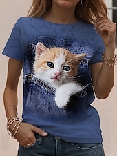 Χαμηλού Κόστους Ζώα tee-Γυναικεία Μπλουζάκι Στάμπα Γραφική Ζώο Βίντατζ Στυλάτο Κλασσικό Κοντομάνικο Στρογγυλή Ψηλή Λαιμόκοψη Στρογγυλή Λαιμόκοψη Κανονικά μπλουζάκια Καθημερινά Σαββατοκύριακο Θαλασσί Μαύρο Βαθυγάλαζο Μπεζ