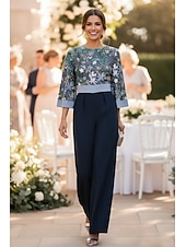 preiswerte Overalls für Mütter-Overalls Bodenlang Perlenbestickt Abendkleid Kleid der Brautmutter Brautmutterkleid Langarm Rundhalsausschnitt Elegant Einfach Minimalistisch Formell Hochzeitsgast mit Schärpe / Band