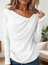 preiswerte Einfarbiges T-Shirt-Damen Tunika T Shirt Einfarbig Elegant Stilvoll Basic Langarm Wasserfallausschnitt Asymmetrischer Ausschnitt Normale Oberteile Täglich Blau Schwarz Weiß Purpur Khaki Frühling Herbst Winter