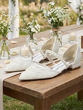 olcso Nők-női elefántcsont csipke gyöngypántos alacsony sarkú menyasszonyi cipők, elegáns kényelmes lapos talpú cipők menyasszonynak, kültéri kerti esküvőre