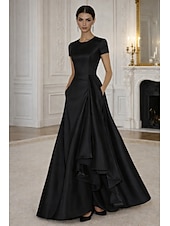economico Abiti da Sera a Linea A-Linea ad A Asimmetrico Lunghezza al pavimento Abito da Sera Da principessa Abito formale Elegante Setoso Manica Corta Girocollo Matrimonio Formale Tasca Raso Shiena scoperta con Fiore ricamato Pieghe