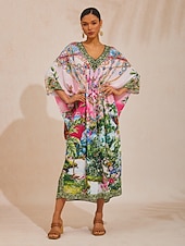 levne potisk neformálních šatů-růžový splývavý šifonový kaftan s diamanty a vzorem džungle