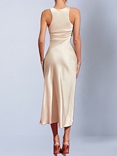 cheap Plain Dress-Women's Midi Dress Satin Dress Party Dress Elegant Fashion Modern Outdoor Vacation Going out Regular Fit Plain Sleeveless Crew Neck Apricot Summer Spring Fall