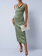 preiswerte Einfaches Kleid-Damen Midikleid Satinkleid Partykleid Figurbetontes Kleid Elegant Mode Modern Outdoor Urlaub Ausgehen Normale Passform Einfach Ärmellos Wasserfallausschnitt Hellgrün Grün Aprikose Sommer Frühling