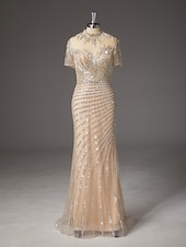  Sirena Tromba Strascico a Terra Abito da Ballo Vestito da Festa Abito Formale Abito da Sera Elegante Festa Scintillante Manica Corta Collo Alto Balli di fine anno Matrimonio con Pizzo Paillettes