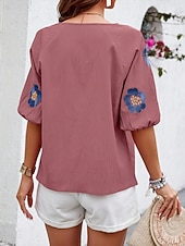 tanie Gładkie bluzki-Damskie Koszula Popover Letnia koszula Codzienna koszula Bluzka Haft Kwiaty Urlop Elegancki Codzienny Rękaw 1/2 W serek Zwykłe topy Codzienny Plaża Święto Niebieski Rumiany róż Granatowy Morelowy