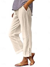 billiga Väsentliga Falska Bottnar-Dam Byxor av linne i bomull Kinesiska Semester Streetwear Grundläggande Fullängd Medium Midja Slät Ficka Elastisk midja Bekväm Komfort Oelastisk Dagligen Utomhus Semester Grå Svart Vit Armégrön