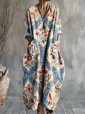 halpa Boho-mekot-Naisten Maksimekko A linjainen mekko Loma Vapaa-aika Päivittäin Loose Fit Kukka Kuvitettu Pitkähihainen V kaula-aukko Sininen Oranssi Kesä Kevät