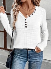 economico T-shirt semplice-Per donna Blusa Bottoni Tinta unica Elegante Casual Manica Lunga Scollo a V Top Regolari Quotidiano Nero Bianco Fucsia Cachi Primavera Autunno Inverno