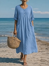 cheap Dresses-Women's Maxi Dress Linen-feel Dresses Shift Dress Summer Dress Casual Daily Loose Fit Plain Long Sleeve V Neck Blue Black Dark Red Summer Spring Fall