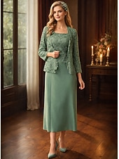 abordables Conjuntos de vestidos para mamá-Conjuntos de vestidos Vestido de invitada de boda largo hasta el suelo Vestido de la madre de la novia Manga larga Cuello redondo Elegante Simple Invitada de boda con color sólido