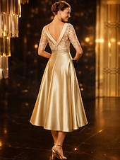 رخيصةأون طول الكاحل-A-الخط طول الساق فستان الحفلة فستان كوكتيل فستان زفاف ضيف فستان أم العروس نصف كم رقبة سكوب أنيق عتيق ضيف حفل زفاف ساتان دانتيل مع روش زينة