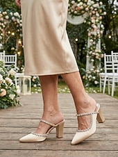 cheap Mother of Bride/Groom-Women's Ivory Block Heel Pumps with Rhinestone Strap, Elegant Mother of the Bride Shoes for Outdoor Garden Weddings