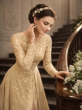 preiswerte Bodenlänge-A-Linie Bodenlang Kleid für Hochzeitsgäste Abendkleid Brautmutterkleid Langarm Juwelenhals Elegant Hochzeitsgast Formeller Abend Chiffon Spitze Paillettenbesetzt mit Geteilter Vorderteil Raffung