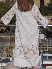 voordelige Witte kanten jurken-Dames Maxi-jurk Kanten jurk Witte jurk Modieus Modern Buiten Strand Vakantie Ruim Passend Effen Lange mouw V-hals Wit Zomer Lente