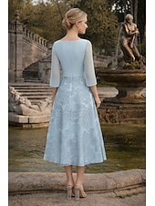 abordables Longitud del té-A-Line Dress Tea Length Wedding Guest Dress Mother of the Bride Dress 3/4 Length Sleeve Boat Neck Elegant Vintage Formal Wedding Guest Kentucky Derby Chiffon with Ruched Sequin Appliques