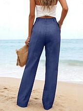 preiswerte Wesentliche Falsche Unterteile-Damen Kunstbaumwollleinen Weites Bein Freizeithose Sommerhose Urlaub Streetwear Basic Volle Länge Mittlere Taillenlinie Einfach Tasche Atmungsaktivität Bequem Unelastisch Täglich Outdoor Urlaub Blau