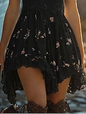 baratos Vestido Boho Ocidental-Vestido curto feminino, vestido casual, vestido de verão, vestido de alça, vestido boho, vestido vintage, vestido de férias, vestido para uso diário, vestido para sair, modelagem regular, floral, sem mangas, alças, preto, branco, primavera, verão