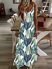halpa Kukkaiset mekot-Naisten Maksimekko Kesämekko A linjainen mekko Slip Mekko Loma Vapaa-aika Boheemi Hiekkaranta Loose Fit Kuvitettu Lehti Hihaton V kaula-aukko Spagettiolkaimet Valkoinen Vaalean vihreä Punastuvan