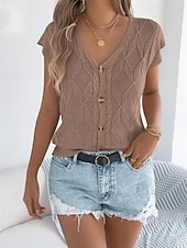 baratos Blusas Simples-Mulheres Tops de verão Blusa Patchwork Botões Tecido à moda Clássico Moderno Manga Curta Decote V Tops regulares Diário Feriado Para Noite Preto Branco Marron Cáqui Verão Primavera