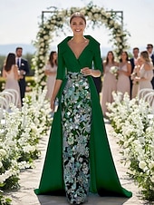 economico Lunghezza del pavimento-Linea ad A Tubino Colonna Lunghezza al pavimento Perline ricamate Abito da invitata a nozze Abito Formale Abito da cerimonia per signora Manica 3/4 Scollo a V Colletto a Camicia Elegante Vintage