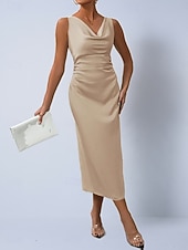 preiswerte Einfaches Kleid-Damen Midikleid Satinkleid Partykleid Figurbetontes Kleid Elegant Mode Modern Outdoor Urlaub Ausgehen Normale Passform Einfach Ärmellos Wasserfallausschnitt Hellgrün Grün Aprikose Sommer Frühling