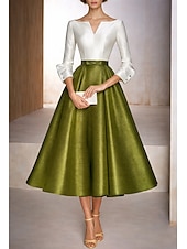 cheap Cocktail Dresses-A-Line Tea Length Pink Dress Cocktail Dresses Party Dresses Wedding Guest Dresses Elegant Color Block Long Sleeve V Neck Wedding Formal Pocket Taffeta Stretch Satin Cowl Back with Embroidered Flower