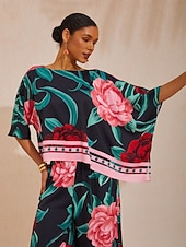  шелковистый атласный топ с рукавами "Изумрудный розовый сад"