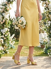 economico Damigella d&amp;#39;onore-sandali da donna con tacco a blocco in raso fucsia, scarpe eleganti con cinturino alla caviglia e fiocco per damigelle d'onore per matrimoni all'aperto in giardino