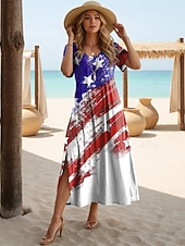 billiga Självständighetsdag Klänning-Självständighetsdagen Patriotisk Kvinnors Maxi Klänning T-shirt Klänning T-shirt Klänning Sommardress Casual Fjäril Ärmar Strand Lös Passform Grafisk Geometrisk Flagga Kortärmad Crewneck Vit Ljus Röd